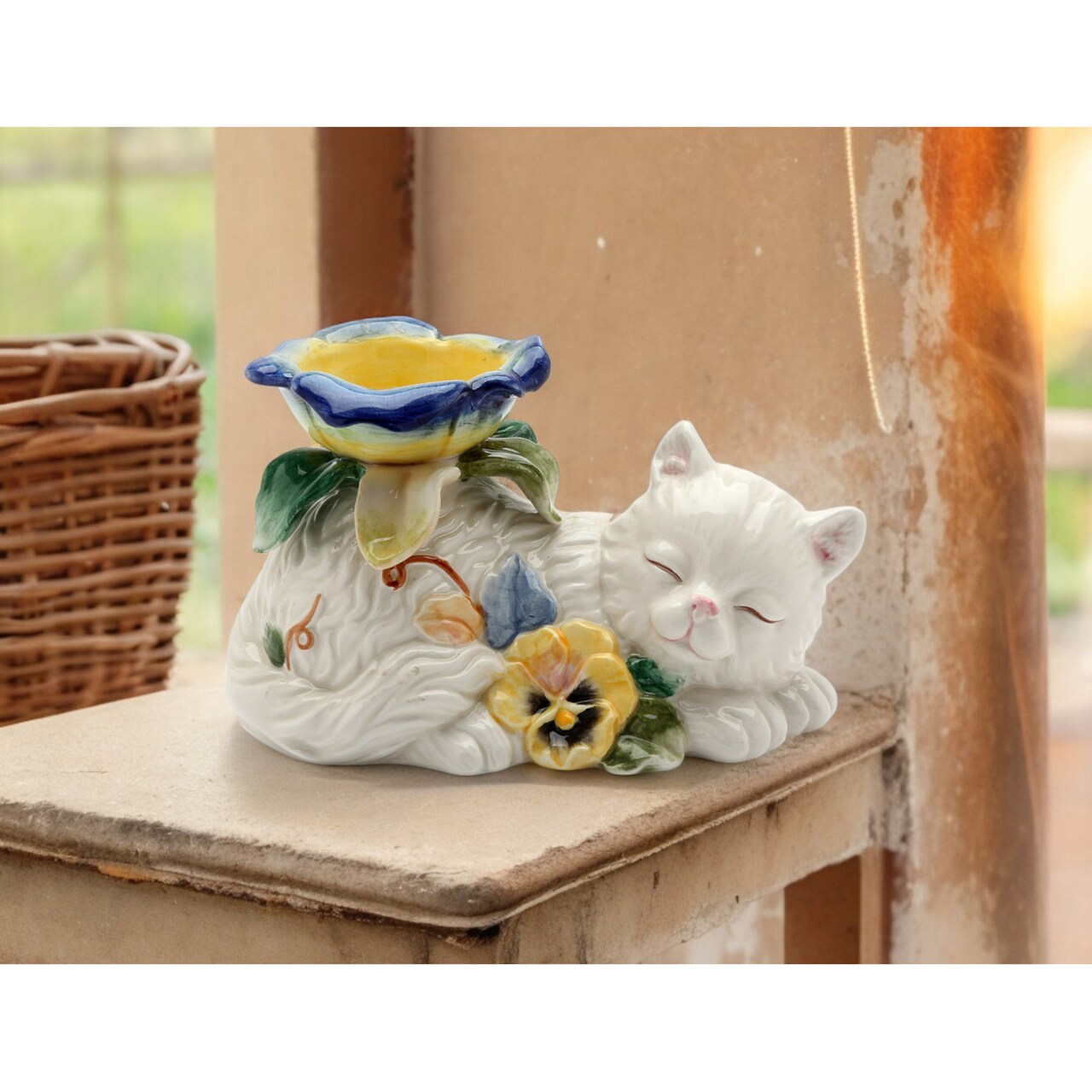 Ceramic White Cat Tealight Candle Holder Pansy Flowers 3.25 Inch